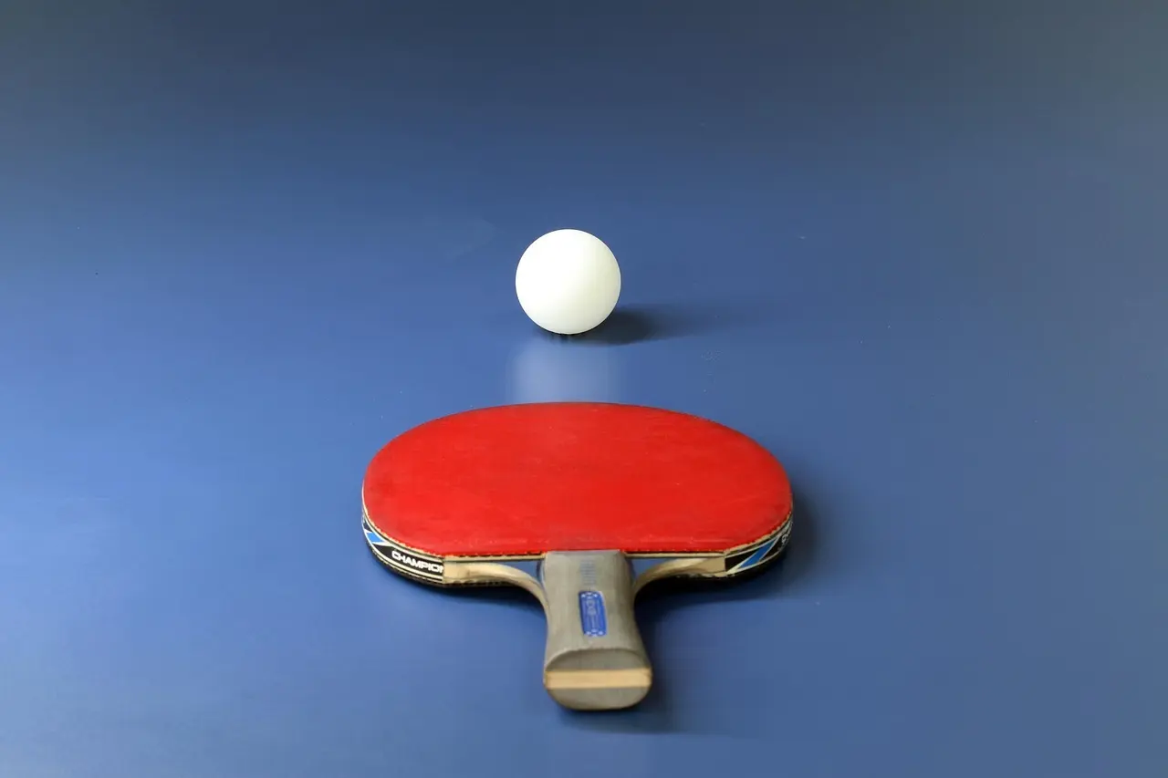 Bordtennisbat og hvid bold på et blåt bord